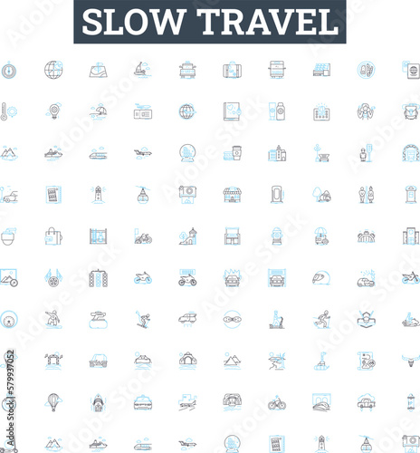 Slow travel vector line icons set. Slow, Travel, Sustainable, Ecotourism, Responsible, Community-based, Local illustration outline concept symbols and signs