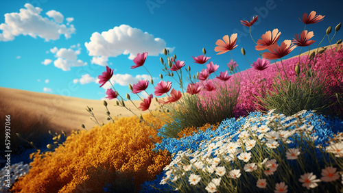 Countryside landscape with various colorful flowers. Generative AI