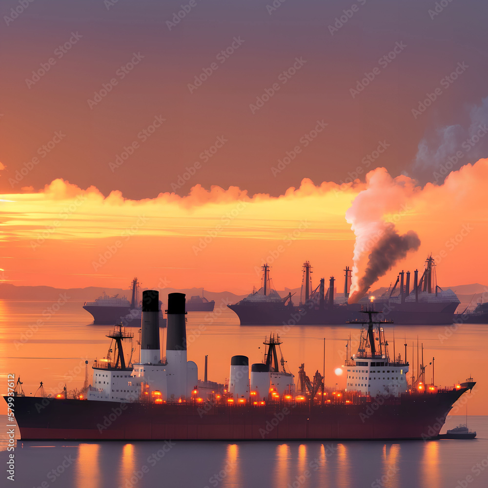 Cargo container ship at sunset in the ocean, generative art by A.I