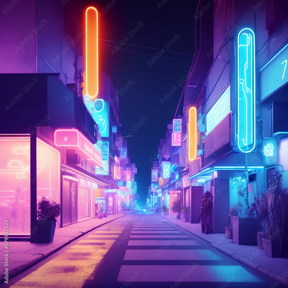 city street at night with neon light, generative art by A.I