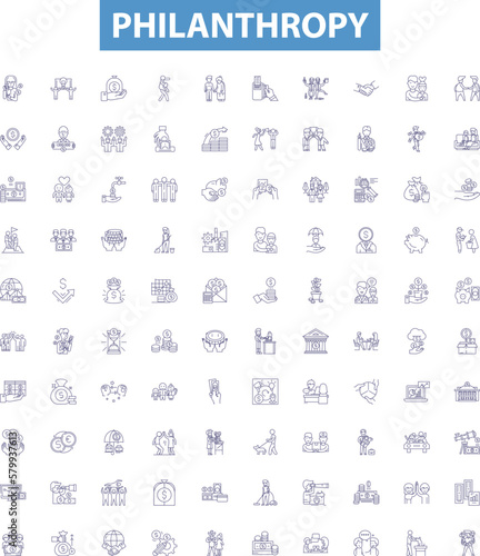 Philanthropy line icons, signs set. Charitable, Generous, Altruistic, Selfless, Humane, Giving, Altruism, Donating, Big Hearted outline vector illustrations.