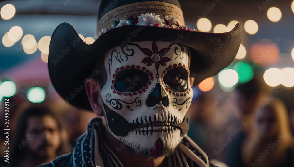 Mexican in a Mexican Sugar Skull mask at the Day of the Dead festival. Dia de los muertos, Mexican holiday of the dead and halloween. Generative AI Mexican in a Mexican Sugar Skull mask at the Day of the Dead festival. Dia de los muertos, Mexican holiday of the dead and halloween. Generative AI