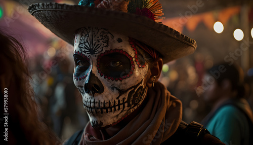 Mexican in a Mexican Sugar Skull mask at the Day of the Dead festival. Dia de los muertos, Mexican holiday of the dead and halloween. Generative AI