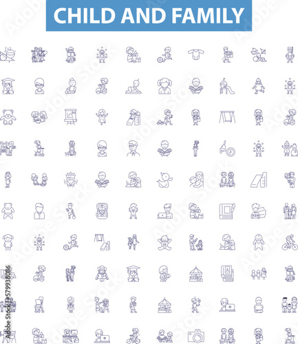 Child and family line icons, signs set. Child, Family, childhood, parenting, upbringing, nurture, young, parenting skills, bonding outline vector illustrations.
