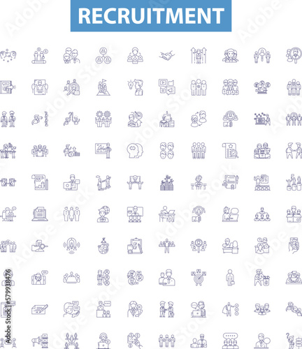 Recruitment line icons, signs set. Hiring, Appoint, Source, Staffing, Engage, Induct, Enlist, Acquire, Enroll outline vector illustrations.
