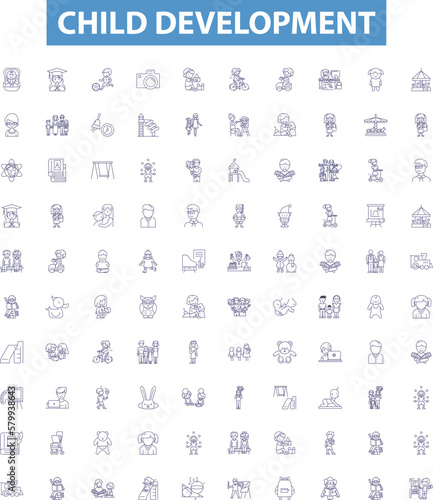 Child development line icons, signs set. Infant, Toddler, Cognitive, Social, Emotional, Language, Motor, Behavior, Puberty outline vector illustrations.