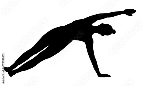 Training in yoga pose female character. Meditation  pilates  mental health. Black shadow style. Female  lady  woman  girl. Vector illustration in cartoon flat style isolated on white background.