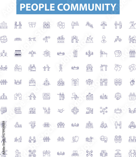 People community line icons, signs set. Community, People, Network, Group, Communitas, Linkage, Unity, Fellowship, Bond outline vector illustrations.