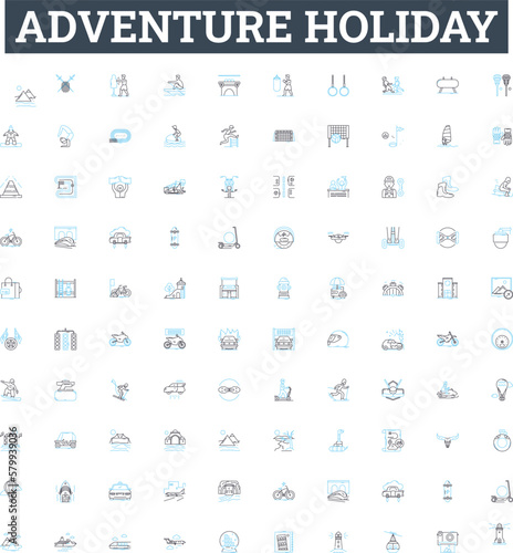 Adventure holiday vector line icons set. Voyage, Expedition, Trek, Tour, Holiday, Camp, Journey illustration outline concept symbols and signs
