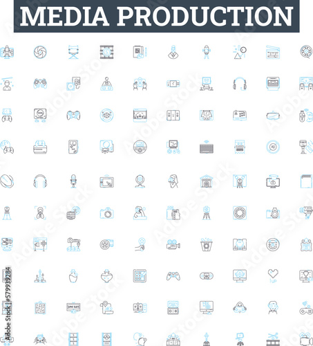 Media production vector line icons set. Filming, Animation, Editing, Post-Production, Photoshoots, Direction, Casting illustration outline concept symbols and signs