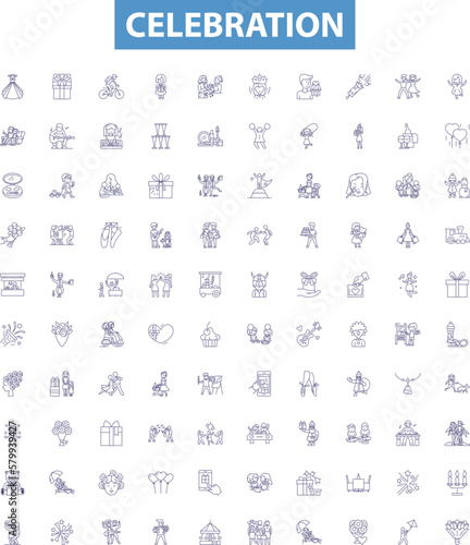 Celebration line icons, signs set. Festivity, Jubilee, Rejoicing, merrymaking, Commemoration, Jubilation, Gaiety, Bounce, Celebrating outline vector illustrations.