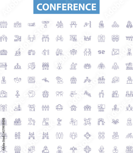 Conference line icons, signs set. Conclave, Forum, Summit, Dialogue, Symposium, Assembly, Rally, Caucus, Gavel outline vector illustrations.