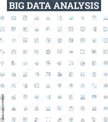Big data analysis vector line icons set. Analytics, Mining, Storage, Patterns, Visualization, Machine-learning, Clustering illustration outline concept symbols and signs