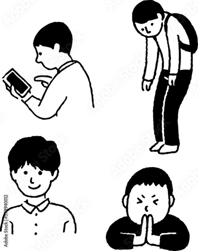 男性　ビジネス　ポーズ　携帯　笑顔　線画