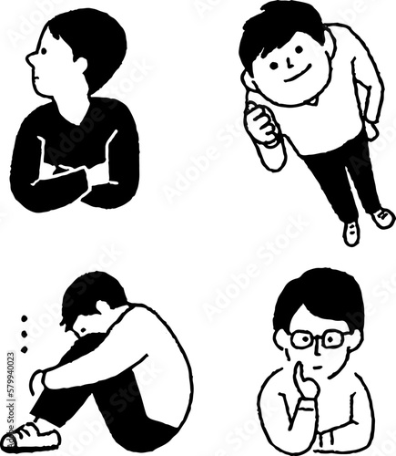 男性　ビジネス　ポーズ　俯瞰　笑顔　線画