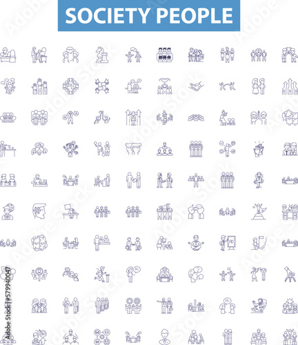 Society people line icons, signs set. Society, people, culture, community, mankind, human, citizens, class, families outline vector illustrations.