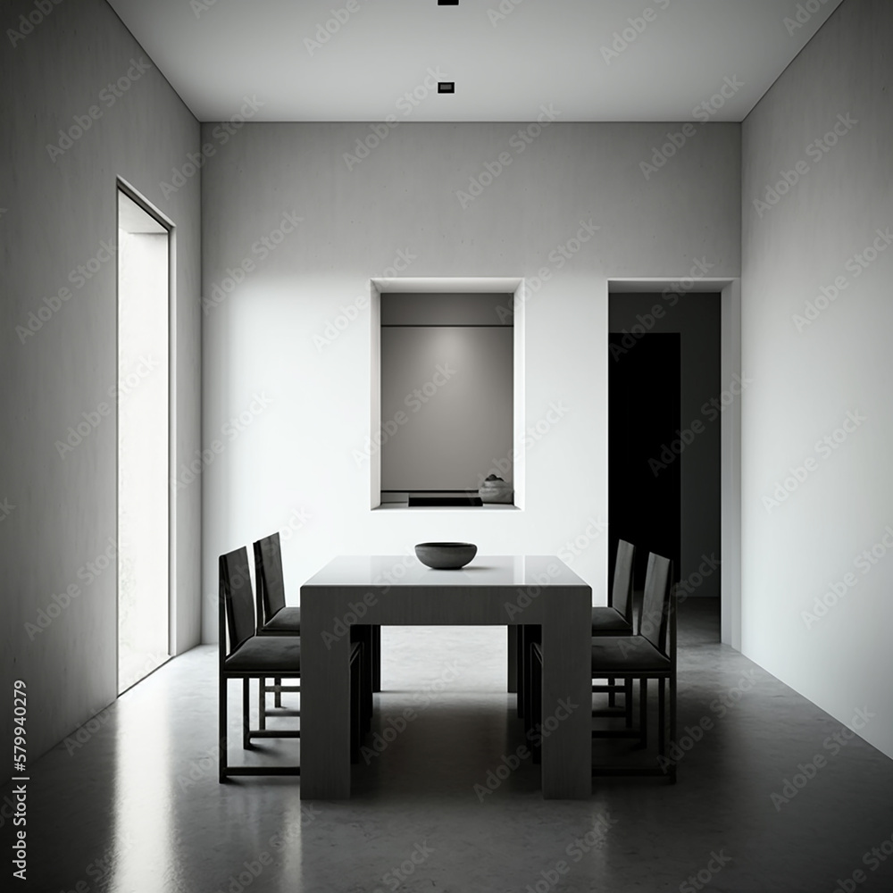 Modern minimal dining room with furniture. Combination dark and white color. Generative AI.
