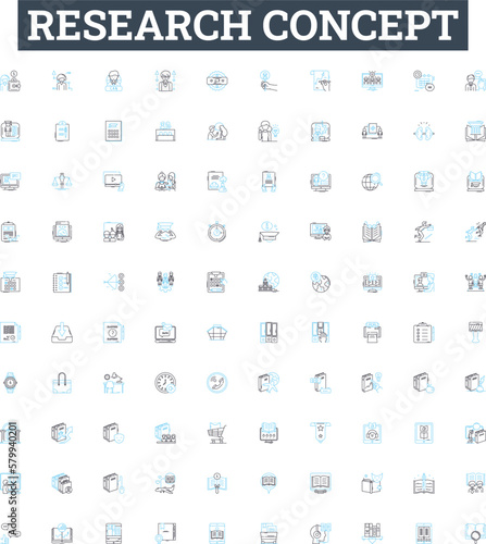 Research concept vector line icons set. Analysis, Survey, Experiment, Modeling, Sampling, Theory, Hypothesis illustration outline concept symbols and signs