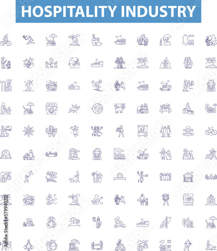 Hospitality industry line icons, signs set. Hospitality, Industry, Tourism, Accommodation, Hotels, Services, Food, Restaurants, Resorts outline vector illustrations.