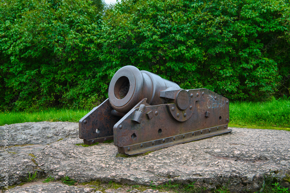 Small canon metallic monument in Vyborg, Russia