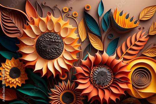 colorful sunflowers, mushrom, sunflower, orchid, wave, rose, lavender flowers, background dynamic textured paper quilling. with Generative AI Techonology.