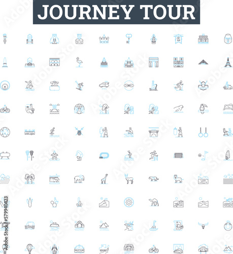 Journey tour vector line icons set. Tour, Journey, Travel, Sightseeing, Trip, Exploration, Adventure illustration outline concept symbols and signs
