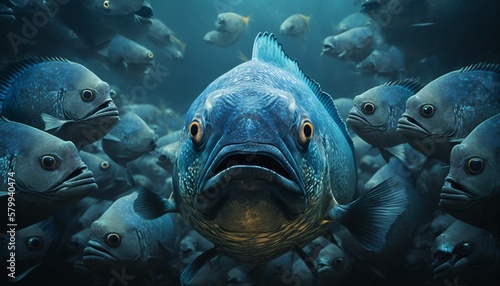 Piranhas in clean blue water. AI Generated