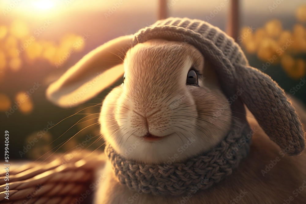 Happy easter bunny in a knitted hat close up
