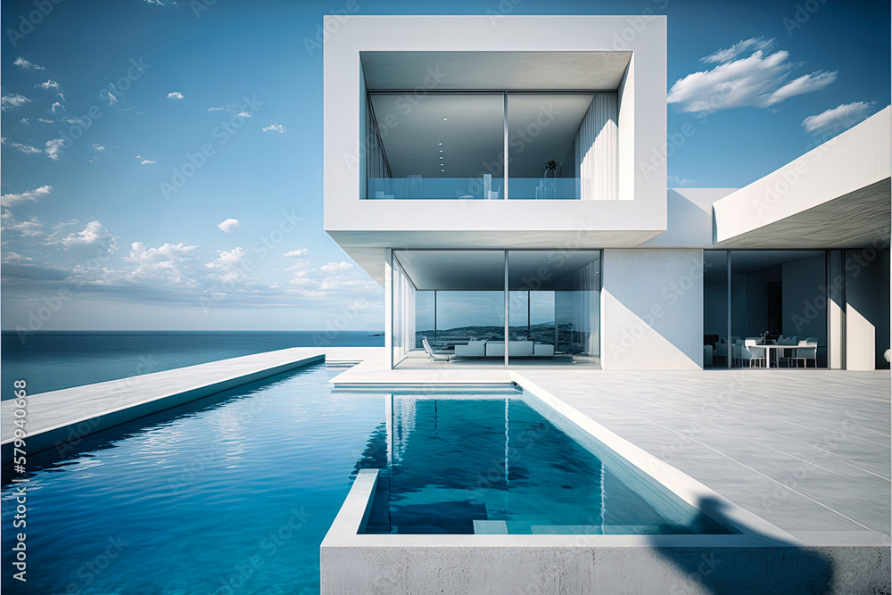 Amazing modern beach house, beach villa. Architectural exterior design. Inspiration, concept for designers and architects. Generative AI