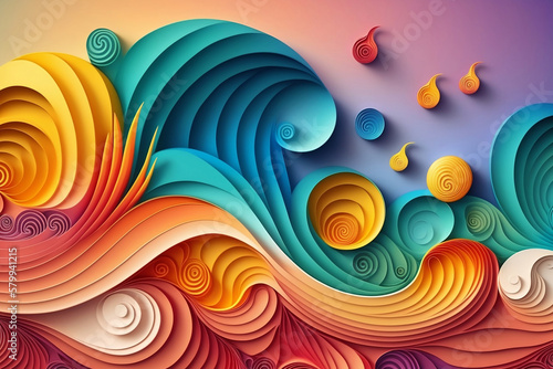 colorful sunflowers, mushrom, sunflower, orchid, wave, rose, lavender flowers, background dynamic textured paper quilling. with Generative AI Techonology.