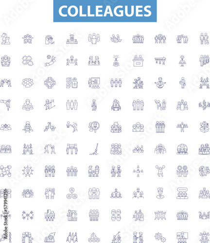 Colleagues line icons, signs set. Colleagues, Peers, Workmates, Associates, Comrades, Partners, Coworkers, Friends, Allies outline vector illustrations.