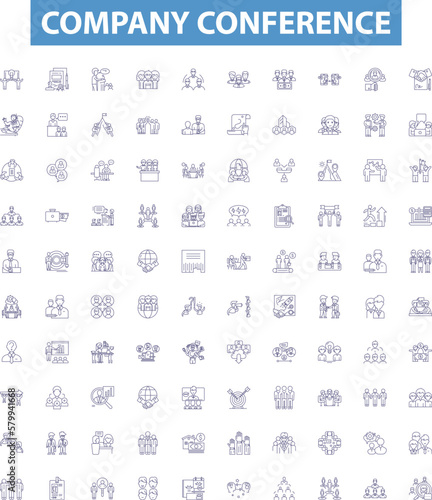 Company conference line icons, signs set. Convention, Event, Forum, Meeting, Gathering, Seminar, Summit, Symposium, Colloquium outline vector illustrations.
