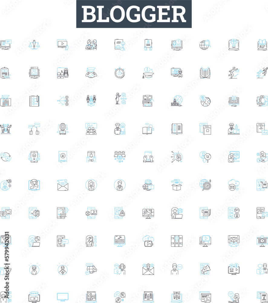 Blogger vector line icons set. Blogger, Blogging, Posting, Sharing, Platform, Creative, Writing illustration outline concept symbols and signs