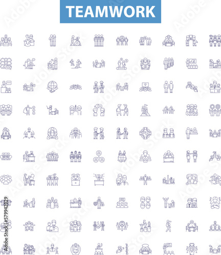 Teamwork line icons, signs set. Collaboration, Cooperation, Synergy, Affinity, Union, Joint, Unity, Alliance, Bond outline vector illustrations.