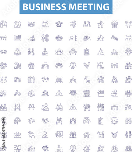 Business meeting line icons, signs set. Huddle, Negotiation, Conference, Agenda, Strategy, Networking, Dialogue, Gathering, Collaboration outline vector illustrations.