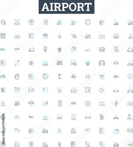 Airport vector line icons set. Airport, Terminal, Check-in, Terminal-, TSA, Runway, Arrival illustration outline concept symbols and signs