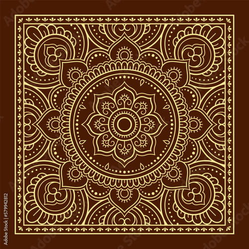 Decorative pattern of flowers and paisley for printing on fabric. Ornament for a bandana, a silk neckerchief, a tablecloth or a kerchief. Square sketch in tribal or oriental style.