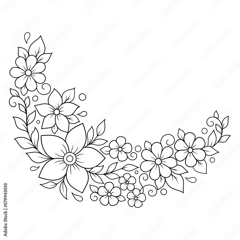 Mehndi flower pattern for Henna drawing and tattoo. Decoration in ethnic oriental, Indian style. Doodle ornament. Outline hand draw vector illustration.