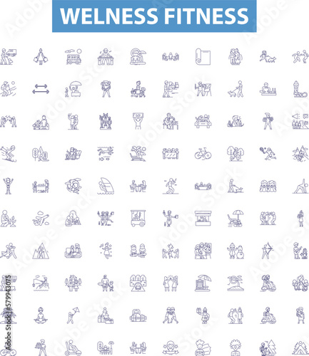 Welness fitness line icons, signs set. Wellness, Fitness, Exercise, Health, Nutrition, Diet, Strength, Yoga, Meditation outline vector illustrations.