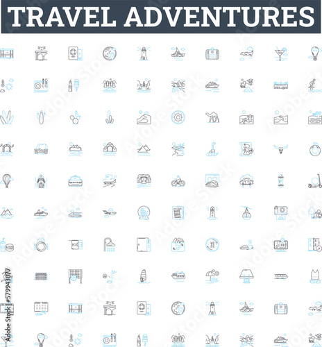 Travel adventures vector line icons set. Travel, Adventures, Exploring, Touring, Trekking, Cruising, Hiking illustration outline concept symbols and signs