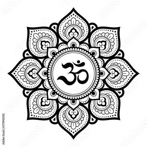 Circular pattern in form of mandala for with flower Henna, Mehndi, tattoo, decoration. Decorative ornament in oriental style with ancient Hindu mantra OM. Outline doodle vector illustration.
