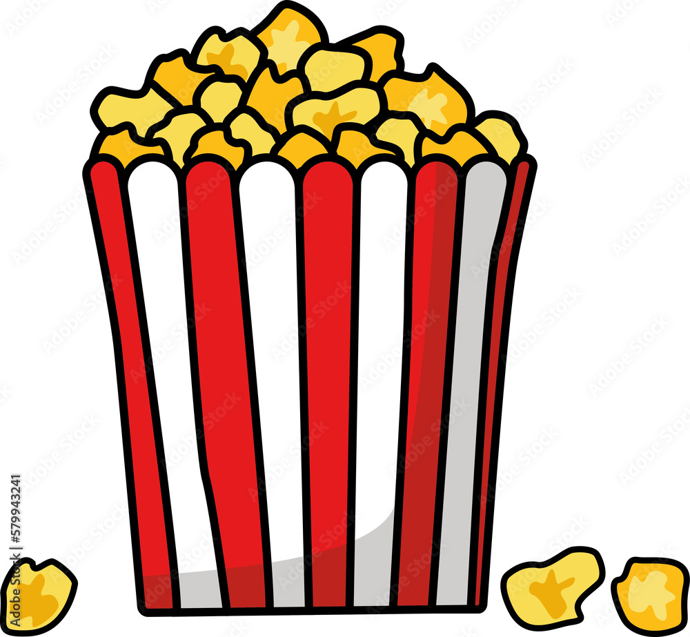 Popcorn bucket box. Cartoon illustration of fast food in cinema. Flat vector. American traditional snack in doodle style. Large paper cup striped to the top filled with corn kernels