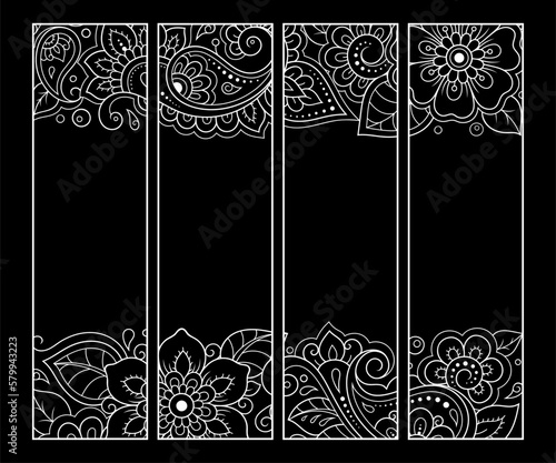 Bookmark for book - coloring. Set of black and white labels with floral doodle patterns, hand draw in mehndi style. Sketch of ornaments for creativity of children and adults with colored pencils.