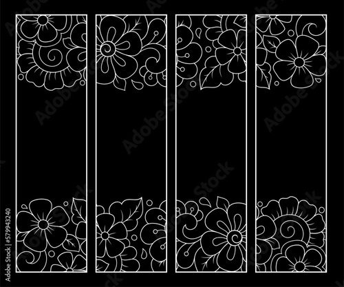 Bookmark for book - coloring. Set of black and white labels with floral doodle patterns, hand draw in mehndi style. Sketch of ornaments for creativity of children and adults with colored pencils.