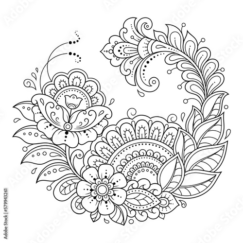 Outline round flower pattern in mehndi style for coloring book page. Antistress for adults and children. Doodle ornament in black and white. Hand draw vector illustration.
