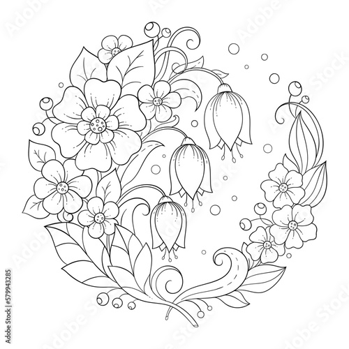 Outline round flower pattern in mehndi style for coloring book page. Antistress for adults and children. Doodle ornament in black and white. Hand draw vector illustration.
