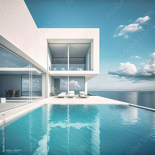 Amazing modern beach house, beach villa. Architectural exterior design. Inspiration, concept for designers and architects. Generative AI © Matyfiz