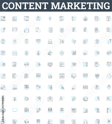 Content marketing vector line icons set. Content, Marketing, Strategy, Blogging, SEO, Social, Advertising illustration outline concept symbols and signs