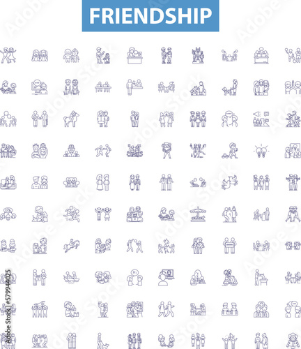 Friendship line icons, signs set. Bonding, Companionship, Alliance, Fellow feeling, Support, Fellowship, Unity, Affinity, Mutualism outline vector illustrations.