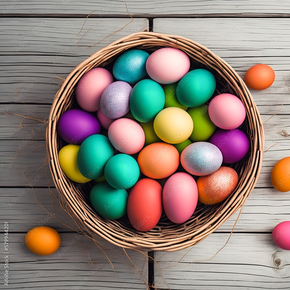 A beautiful composition of colorful Easter eggs carefully placed in a basket atop a wooden board, generative AI A beautiful composition of colorful Easter eggs carefully placed in a basket atop a wooden board, generative AI